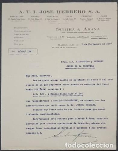 Lettres commerciales: Carta comercial. A.T.I. Jos&eacute; Herrero S.A. Subira & Arana. Marseille. Francia 1927