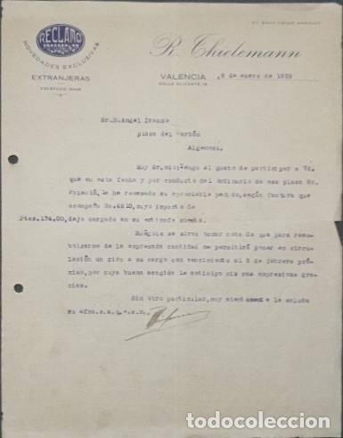 Lettres commerciales: Carta comercial. R. Chielemann. Novedades exclusivas extranjeras. Valencia. Espa&ntilde;a 1928