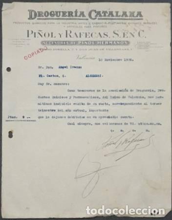 Lettres commerciales: Carta comercial. Pi&ntilde;ol y Rafecas S.en C. Droguer&iacute;a Catalana. Valencia. Espa&ntilde;a 1928