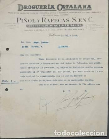 Lettres commerciales: Carta comercial. Pi&ntilde;ol y Rafecas S.en C. Droguer&iacute;a Catalana. Valencia. Espa&ntilde;a 1928