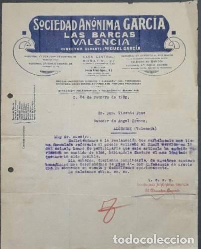 Lettres commerciales: Carta comercial. Sociedad An&oacute;nima Garc&iacute;a. Las Barcas. Valencia. Espa&ntilde;a 1930