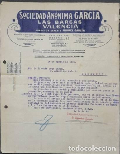Lettres commerciales: Carta comercial. Sociedad An&oacute;nima Garc&iacute;a. Las Barcas. Valencia. Espa&ntilde;a 1930