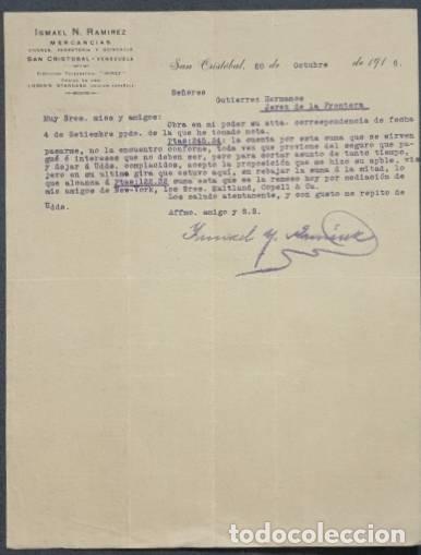 Commercial Letters: Carta comercial. Ismael N. Ramirez. Mercanc&iacute;as. San Cristobal. Venezuela 1916