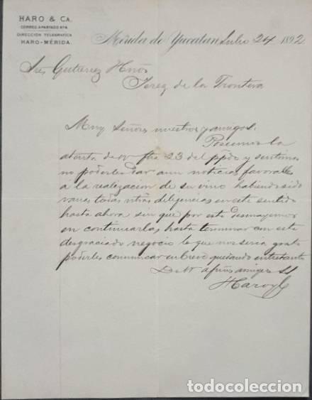 Cartas comerciales: Carta comercial. Haro & C&ordf;. M&eacute;rida de Yucat&aacute;n. M&eacute;xico 1892