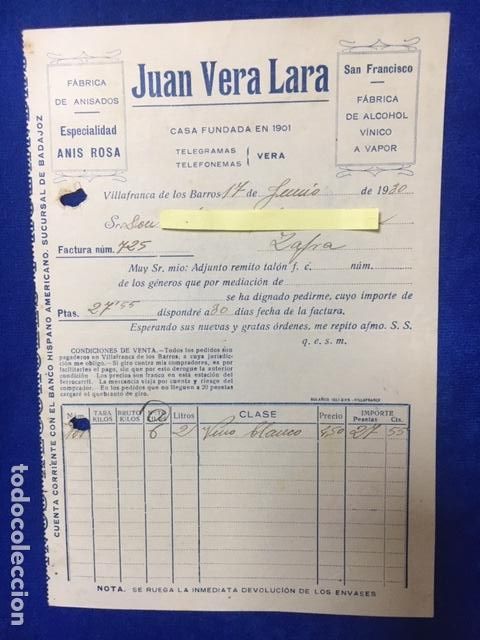 Gesch&auml;ftsbriefe: Carta comercial f&aacute;brica Anisados Juan Vera Vera. Villafranco de los Barros . 1930