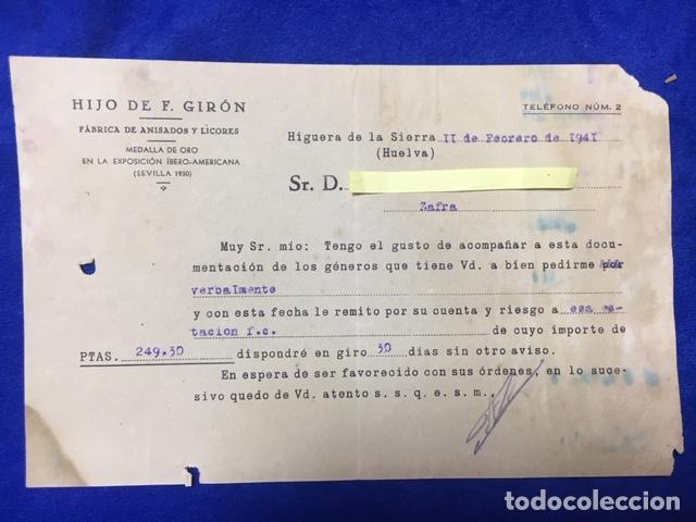 Gesch&auml;ftsbriefe: Carta comercial F&aacute;brica Anisados Hijo de F. Gir&oacute;n. Higuera de la Sierra ( Huelva ) . 1941