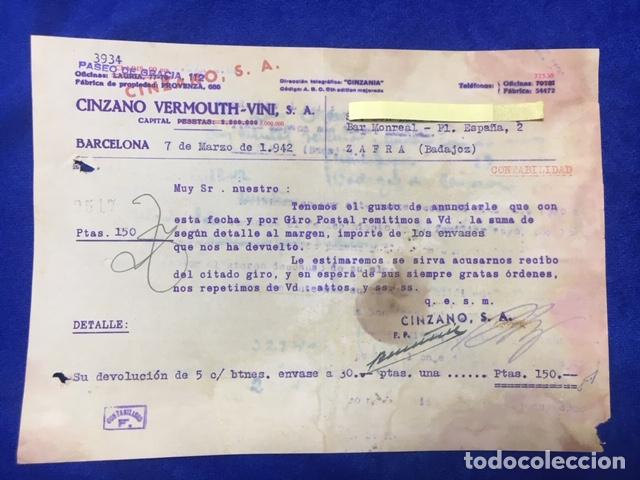 Gesch&auml;ftsbriefe: Carta comercial Cinzano Vermouth - Vini. Barcelona 1942