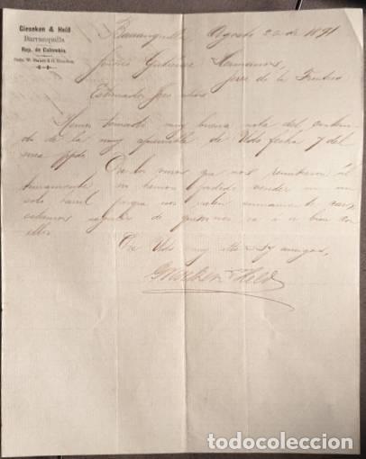 Gesch&auml;ftsbriefe: Carta comercial. Gieseken & Held. Barranquilla. Colombia 1891