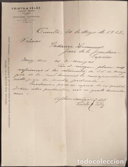 Gesch&auml;ftsbriefe: Carta comercial. Cristo & Velez .Importadores y Exportadores. Cucuta-Soata. Colombia 1912