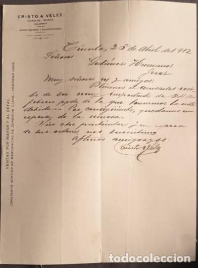Gesch&auml;ftsbriefe: Carta comercial. Cristo & Velez .Importadores y Exportadores. Cucuta-Soata. Colombia 1912