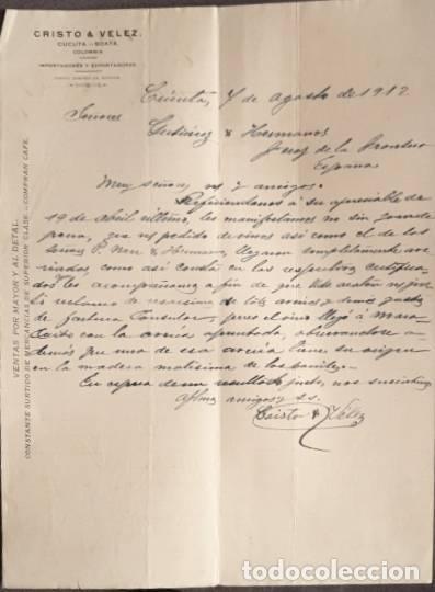 Gesch&auml;ftsbriefe: Carta comercial. Cristo & Velez .Importadores y Exportadores. Cucuta-Soata. Colombia 1912