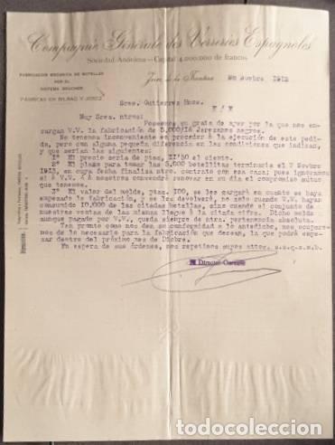Gesch&auml;ftsbriefe: Carta comercial. Compagnie G&eacute;n&eacute;rale des Verreries Espagnoles. S.A. Fabricaci&oacute;n botellas. Jerez 1912