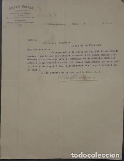 Gesch&auml;ftsbriefe: Carta comercial. Adolfo Cuevas. Comerciante. Buenaventura. Colombia 1912