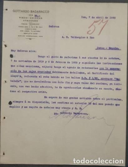 Gesch&auml;ftsbriefe: Carta comercial. Gottardo Badaracco. Ica. Per&uacute; 1920