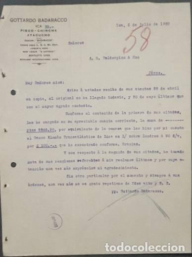 Gesch&auml;ftsbriefe: Carta comercial. Gottardo Badaracco. Ica. Per&uacute; 1920