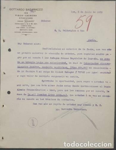 Gesch&auml;ftsbriefe: Carta comercial. Gottardo Badaracco. Ica. Per&uacute; 1920