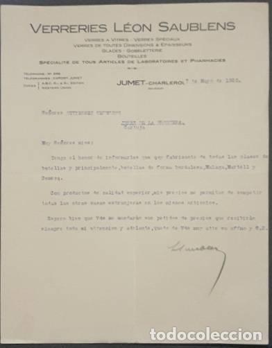 Gesch&auml;ftsbriefe: Carta comercial. Verreries L&eacute;on Saublens. Jumet-Charleroi. B&eacute;lgica 1925