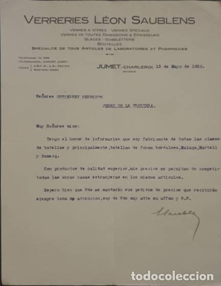Gesch&auml;ftsbriefe: Carta comercial. Verreries L&eacute;on Saublens. Jumet-Charleroi. B&eacute;lgica 1925