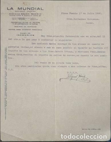 Gesch&auml;ftsbriefe: Carta comercial .Miguel Garc&iacute;a. La Mundial S.A. Seguros. Madrid. Espa&ntilde;a 1930