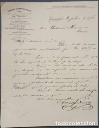 Gesch&auml;ftsbriefe: Carta comercial. Miguel Campodonico. La Proveedora. Almac&eacute;n abarrotes. Guayaquil. Ecuador 1905