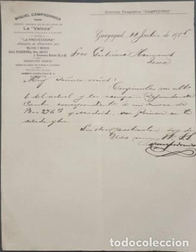 Gesch&auml;ftsbriefe: Carta comercial. Miguel Campodonico. La Proveedora. Almac&eacute;n abarrotes. Guayaquil. Ecuador 1905
