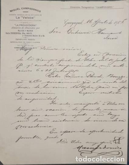 Gesch&auml;ftsbriefe: Carta comercial. Miguel Campodonico. La Proveedora. Almac&eacute;n abarrotes. Guayaquil. Ecuador 1905