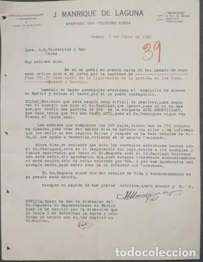 Lettres commerciales: Carta comercial. J. Manrique de Laguna. Comisiones, Representaciones Habana. Cuba 1927