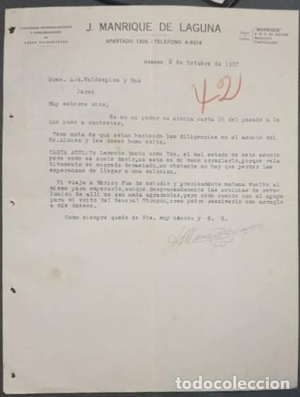 Lettres commerciales: Carta comercial. J. Manrique de Laguna. Comisiones, Representaciones Habana. Cuba 1927