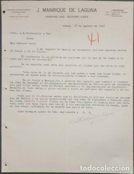 Cartas comerciales: Carta comercial. J. Manrique de Laguna. Comisiones, Representaciones Habana. Cuba 1927