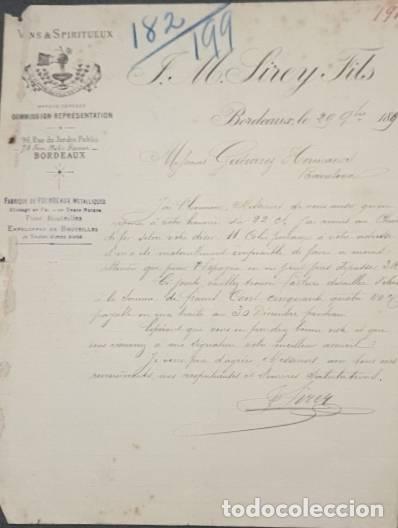 Lettres commerciales: Carta comercial. J. M. Sirey Fils. Vins & Spiritueux. Bordeaux. Francia 1893