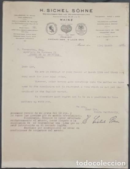 Lettres commerciales: Carta comercial. H. Sichel S&ouml;hne. Weingutsbesitzer und Weingrosshandlung. Mainz. Alemania 1928