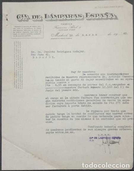 Lettres commerciales: Carta comercial. C&iacute;a de L&aacute;mparas Espa&ntilde;a. F&aacute;brica. Madrid. Espa&ntilde;a 1949