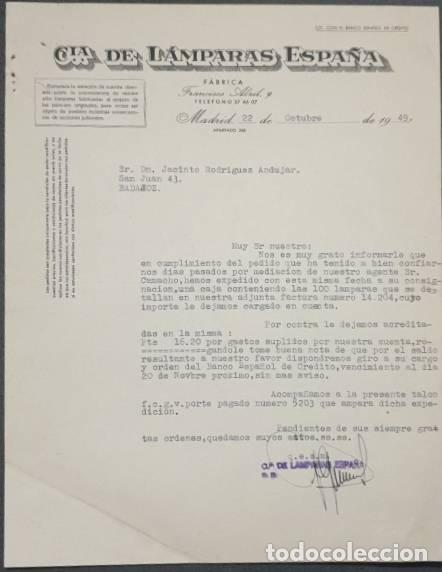 Lettres commerciales: Carta comercial. C&iacute;a de L&aacute;mparas Espa&ntilde;a. F&aacute;brica. Madrid. Espa&ntilde;a 1949