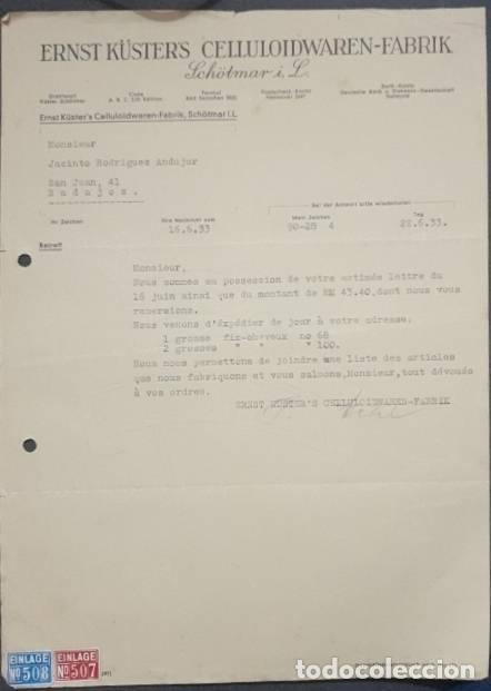 Lettres commerciales: Carta comercial. Ernst K&uuml;ster&acute;s Celluloidwaren-Fabrik. Sch&ouml;tmar. Alemania 1933