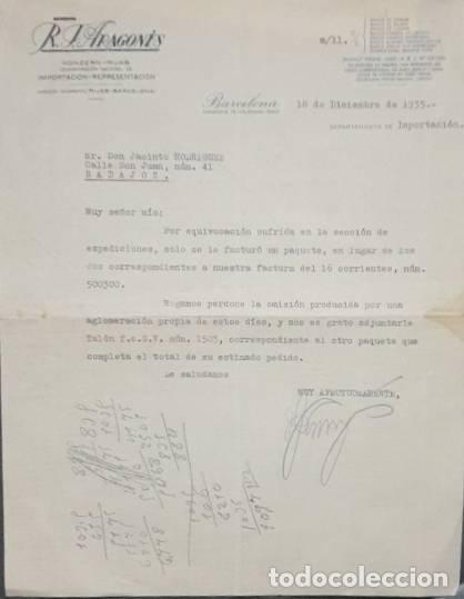 Lettres commerciales: Carta comercial. R. J. Aragon&eacute;s.Importaci&oacute;n- Representaci&oacute;n. Barcelona. Espa&ntilde;a 1935