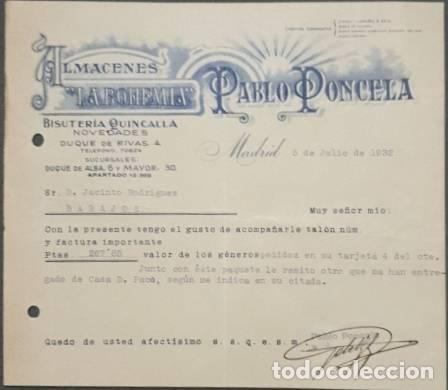 Lettres commerciales: Carta comercial. Pablo Poncela. La Bohemia. Bisuter&iacute;a-Quincalla. Madrid 1932