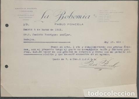 Lettres commerciales: Carta comercial. Pablo Poncela. La Bohemia. Bisuter&iacute;a-Quincalla. Madrid 1923