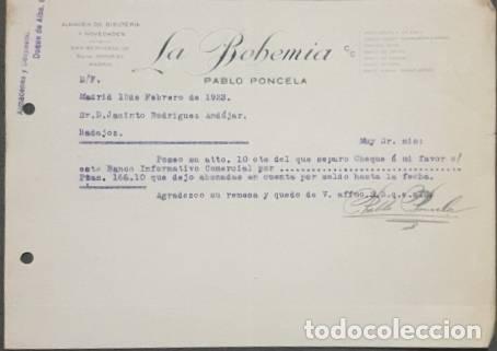 Lettres commerciales: Carta comercial. Pablo Poncela. La Bohemia. Bisuter&iacute;a-Quincalla. Madrid 1923