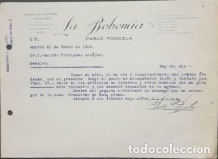 Lettres commerciales: Carta comercial. Pablo Poncela. La Bohemia. Bisuter&iacute;a-Quincalla. Madrid 1923