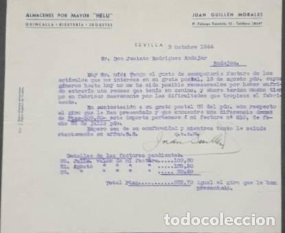 Lettres commerciales: Carta comercial. Juan Guill&eacute;n Morales. Almacenes por mayor Helu. Bisuter&iacute;a y Quincalla. Sevilla 1944