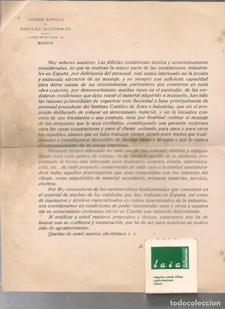 Cartas comerciais: 03209 carta SOCIEDAD ESPA&Ntilde;OLA DE MONTAJES INDUSTRIALES, MADRID, s/fecha