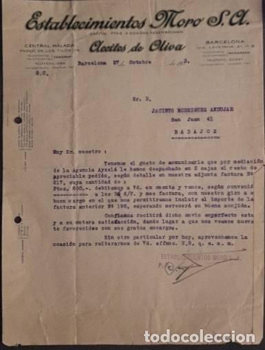 Cartas comerciais: Carta comercial. Establecimientos Moro S.A. Aceites de oliva. Barcelona. Espa&ntilde;a 1903