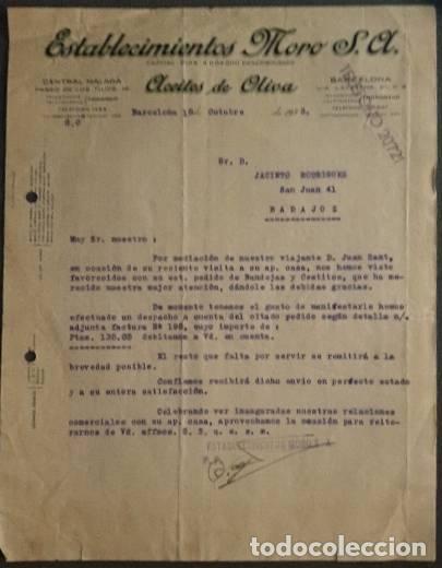 Cartas comerciais: Carta comercial. Establecimientos Moro S.A. Aceites de oliva. Barcelona. Espa&ntilde;a 1903