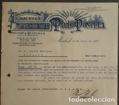Cartas comerciais: Carta comercial. Pablo Poncela. La Bohemia. Bisuter&iacute;a-Quincalla. Madrid 1932