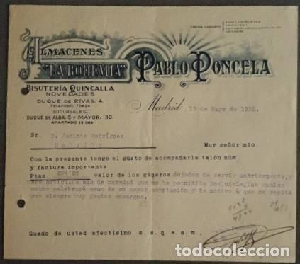 Cartas comerciais: Carta comercial. Pablo Poncela. La Bohemia. Bisuter&iacute;a-Quincalla. Madrid 1932