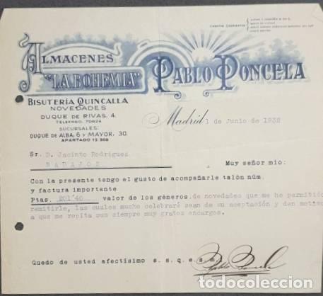 Cartas comerciais: Carta comercial. Pablo Poncela. La Bohemia. Bisuter&iacute;a-Quincalla. Madrid 1932
