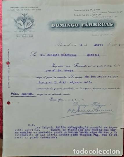 Commercial Letters: Carta comercial. Domingo F&aacute;bregas. Manufactura de corbatas. Barcelona. Espa&ntilde;a 1918