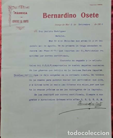 Commercial Letters: Carta comercial. Bernardino Osete. F&aacute;brica de g&eacute;neros de punto. Arenys de Mar 1916