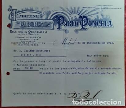 Commercial Letters: Carta comercial. Pablo Poncela. La Bohemia. Bisuter&iacute;a-Quincalla. Madrid 1935