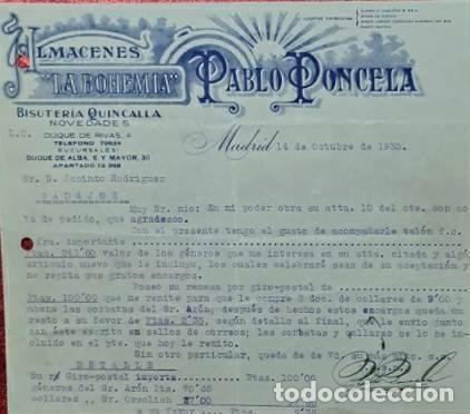 Commercial Letters: Carta comercial. Pablo Poncela. La Bohemia. Bisuter&iacute;a-Quincalla. Madrid 1935